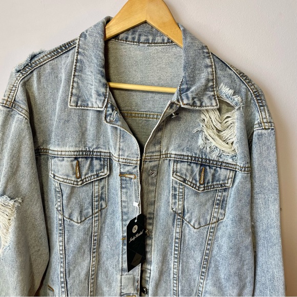 JudyBridal Oversized Women’s Denim Ripped Boyfriend Jean Jacket Long Sleeve Sz M - Picture 3 of 15